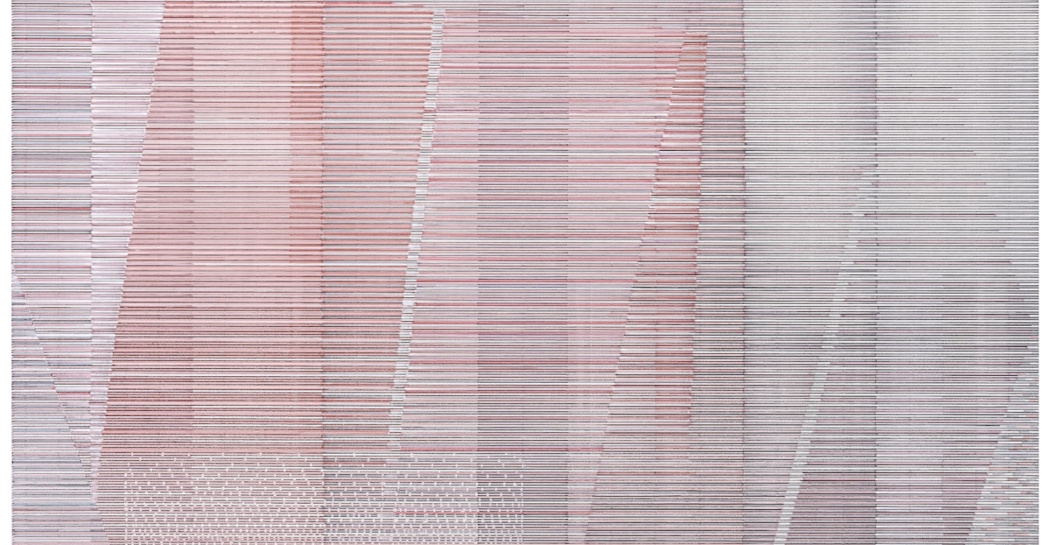 Marina Bindella, Sui bordi del tempo I, 2023 (Totale e IV tavola), tecnica mista su cartoncino ondulato, cm 70 x 780 totale installazione (8 pannelli intelaiati)