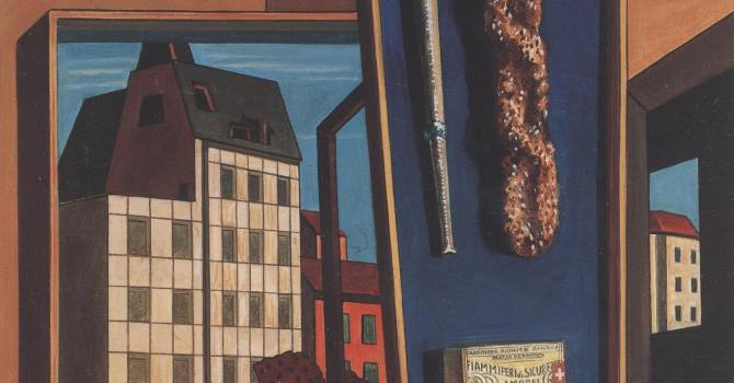 Giorgio de Chirico, Interno metafisico con biscotti, fine anni Sessanta, olio su tela Giorgio de Chirico, Interno metafisico con biscotti, fine anni Sessanta, olio su tela