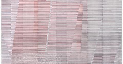 Marina Bindella, Sui bordi del tempo I, 2023 (Totale e IV tavola), tecnica mista su cartoncino ondulato, cm 70 x 780 totale installazione (8 pannelli intelaiati)
